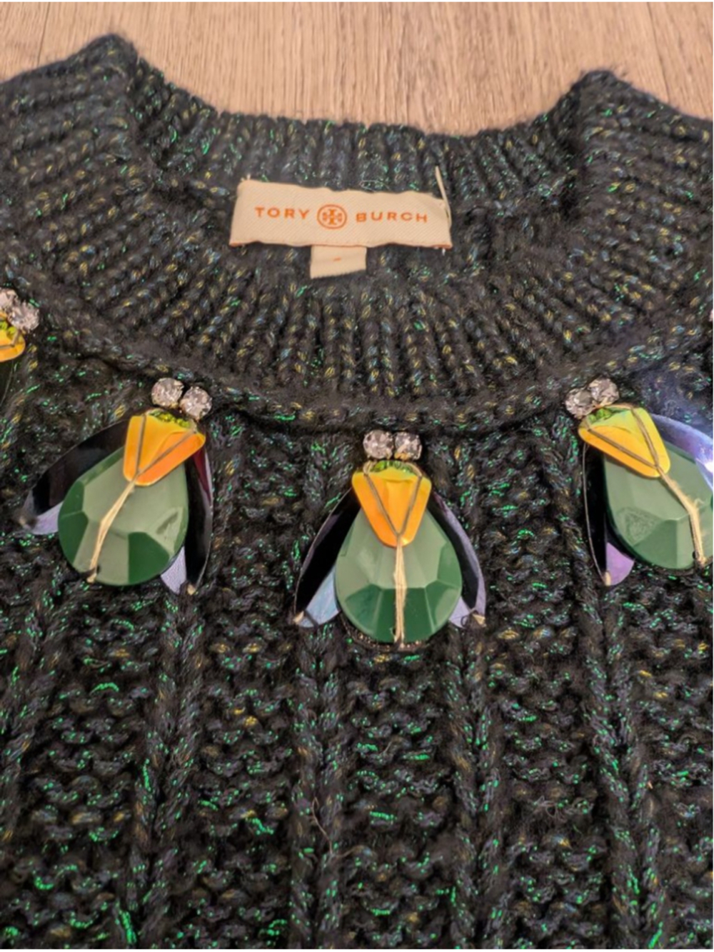 Tory Burch Lucy Metallic Green Beatle Embellish Sweater Size S Wool Cotton Blend - Picture 5 of 11